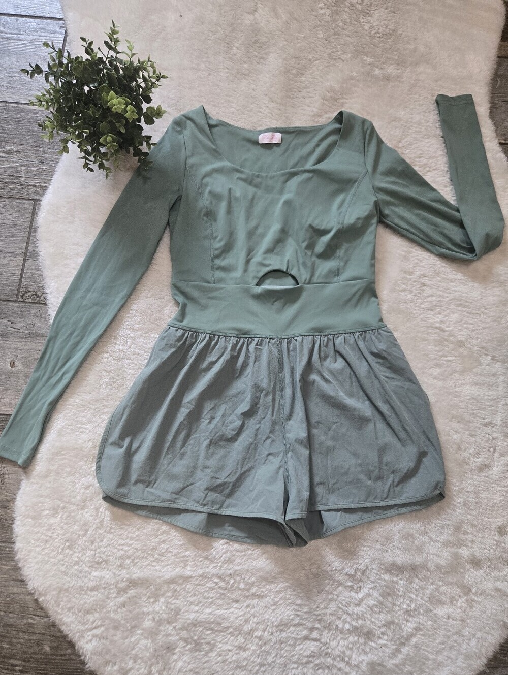 Pink Lily Sage Green You're Thriving Athleisure Long Sleeve Romper, Size Medium